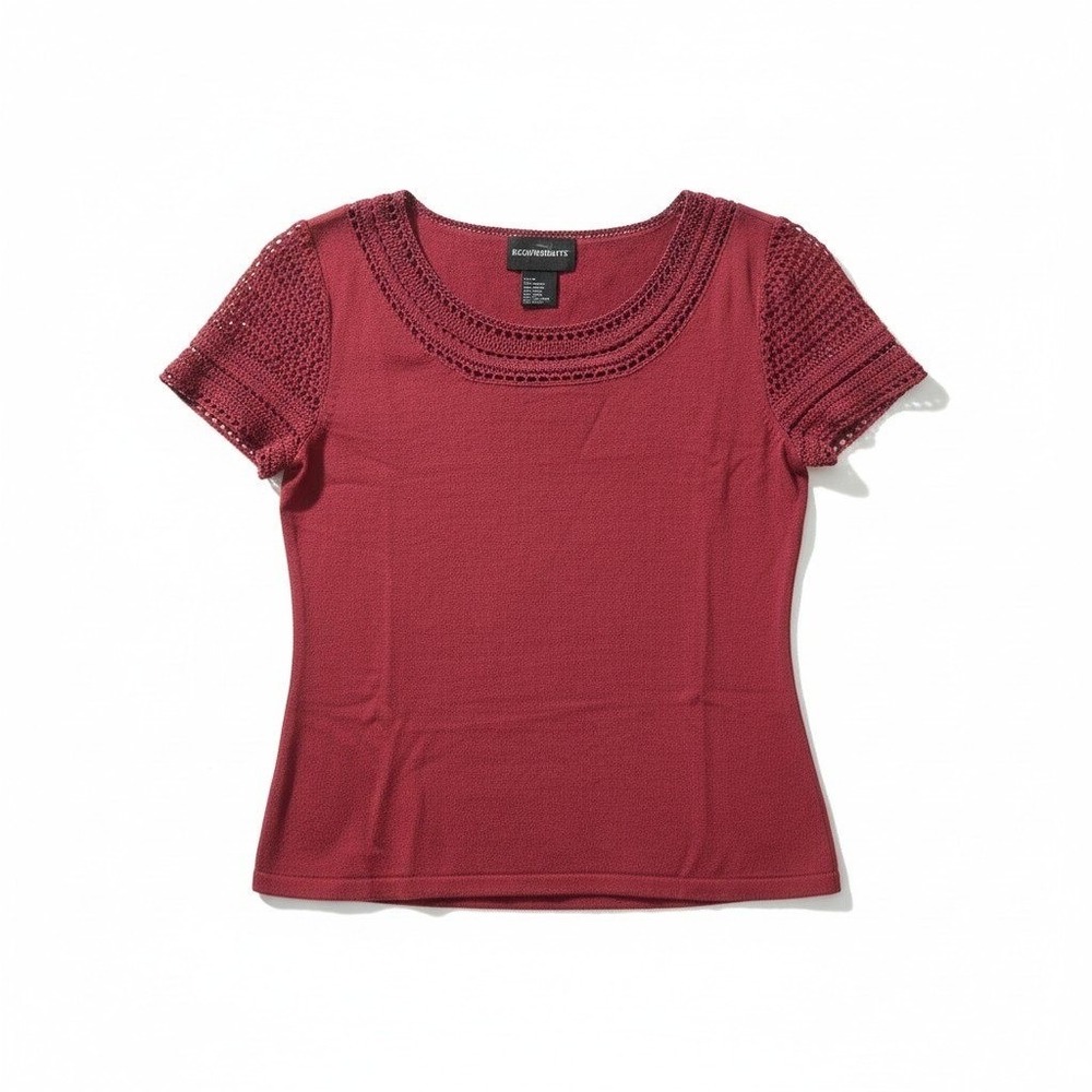 Requirements Burgundy Crochet Knit Short Sleeve Scoop Neck Top, Woman's Small